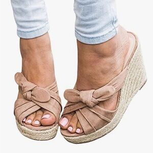 Fashare Beige Faux Suede Bow Wedge Slide Sandals Comfort Slip On Casual